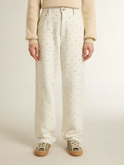 Women's white denim pants with beading and crystals
