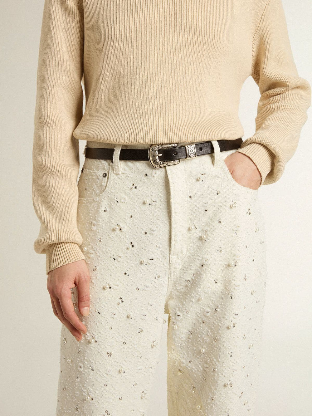 Women's white denim pants with beading and crystals