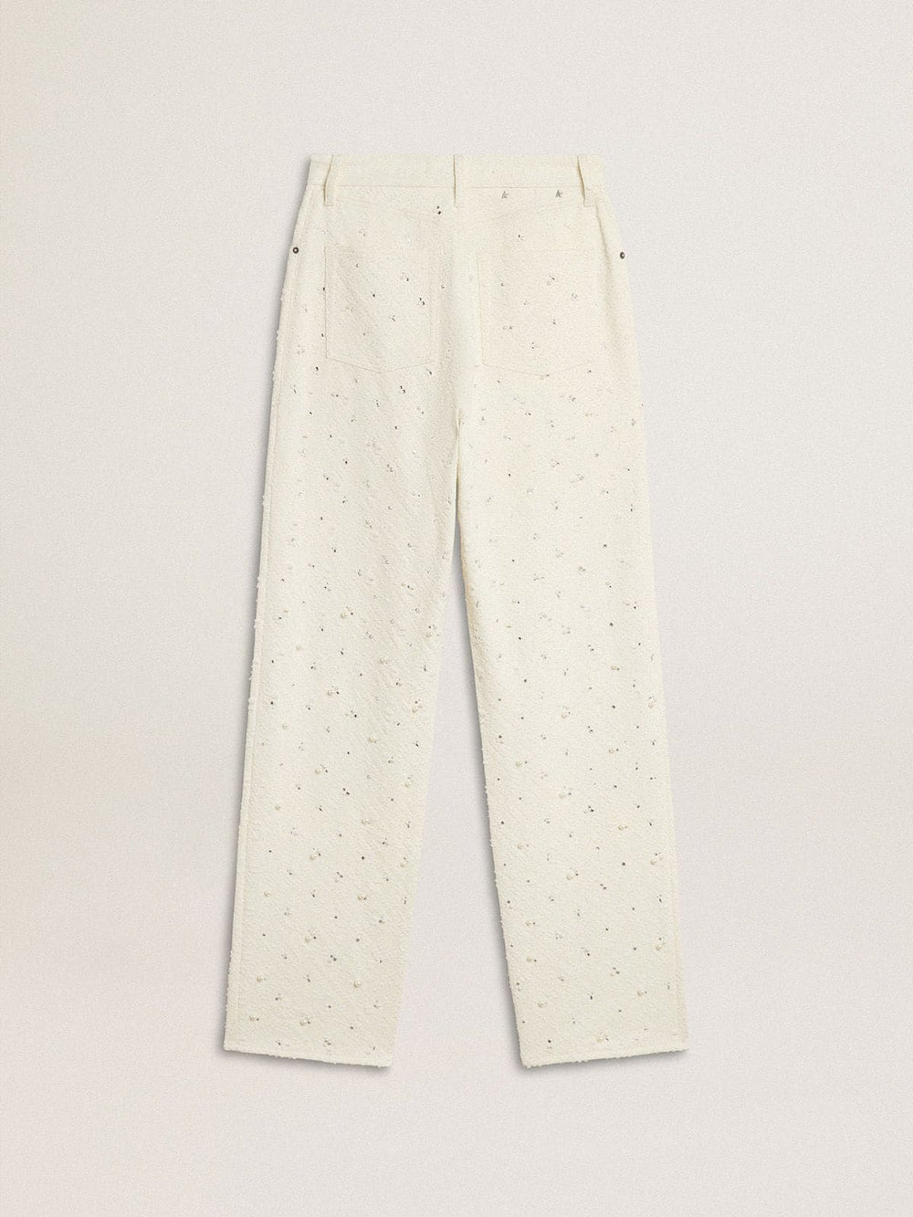 Women's white denim pants with beading and crystals