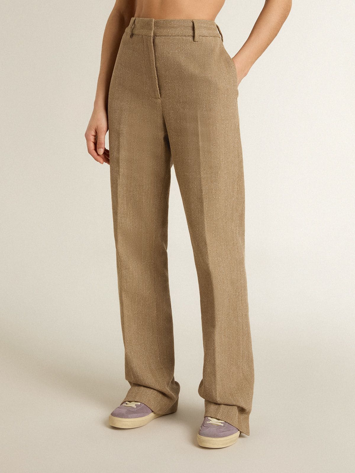 Women's trousers in a sand-colored herringbone linen blend