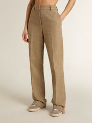 Women's trousers in a sand-colored herringbone linen blend