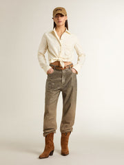 Women's khaki cotton pants with gradient Swarovski effect