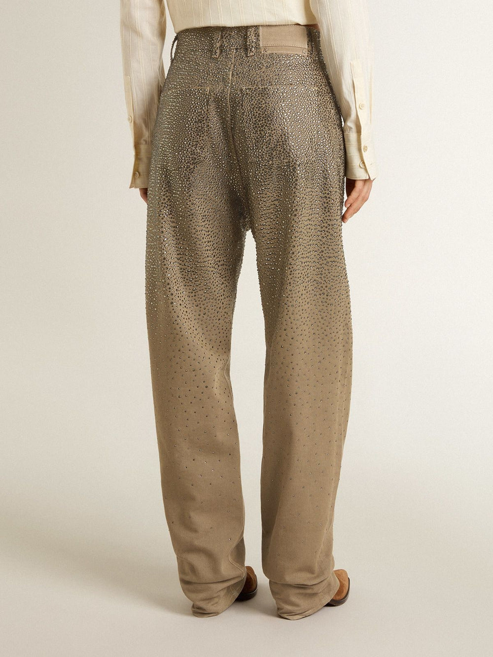 Women's khaki cotton pants with gradient Swarovski effect
