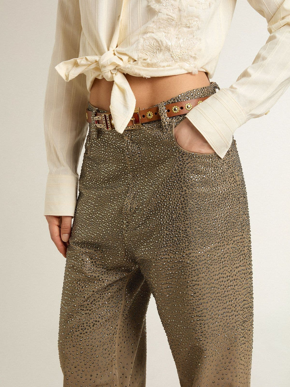 Women's khaki cotton pants with gradient Swarovski effect