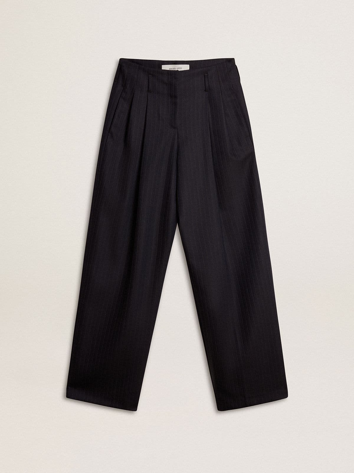 Women’s dark blue tailored trousers with vertical stripe