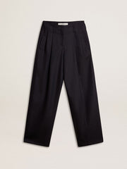 Women’s dark blue tailored trousers with vertical stripe