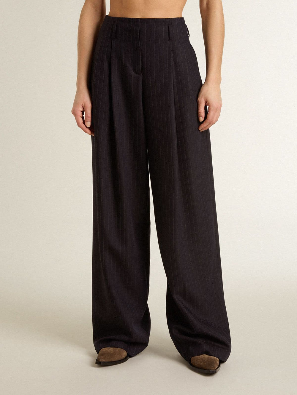 Women’s dark blue tailored trousers with vertical stripe
