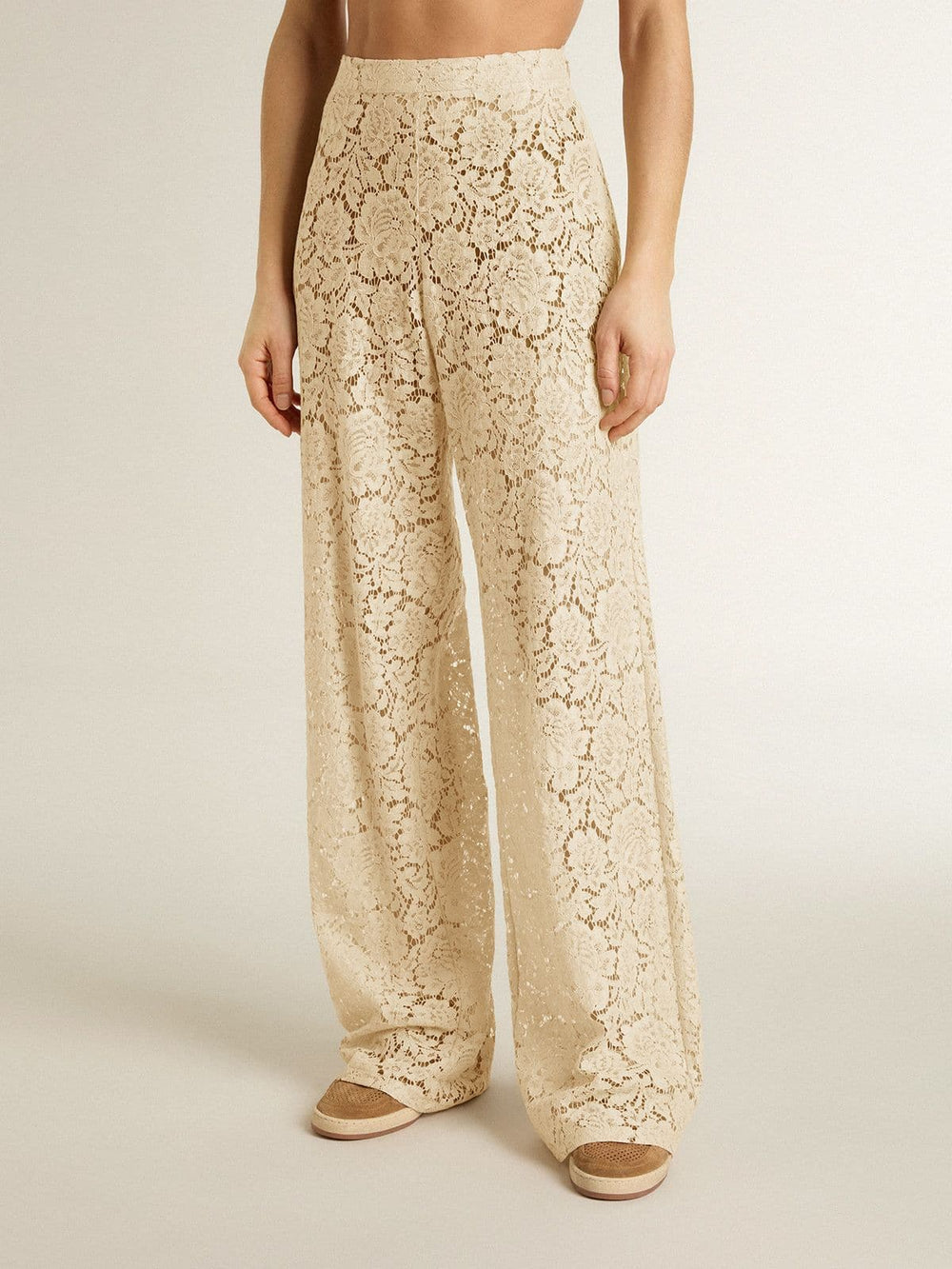Women's cream-colored see-through lace pants