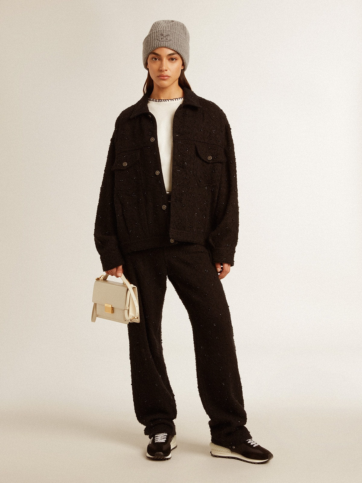 Women’s cotton denim pants with crystal and stone decoration