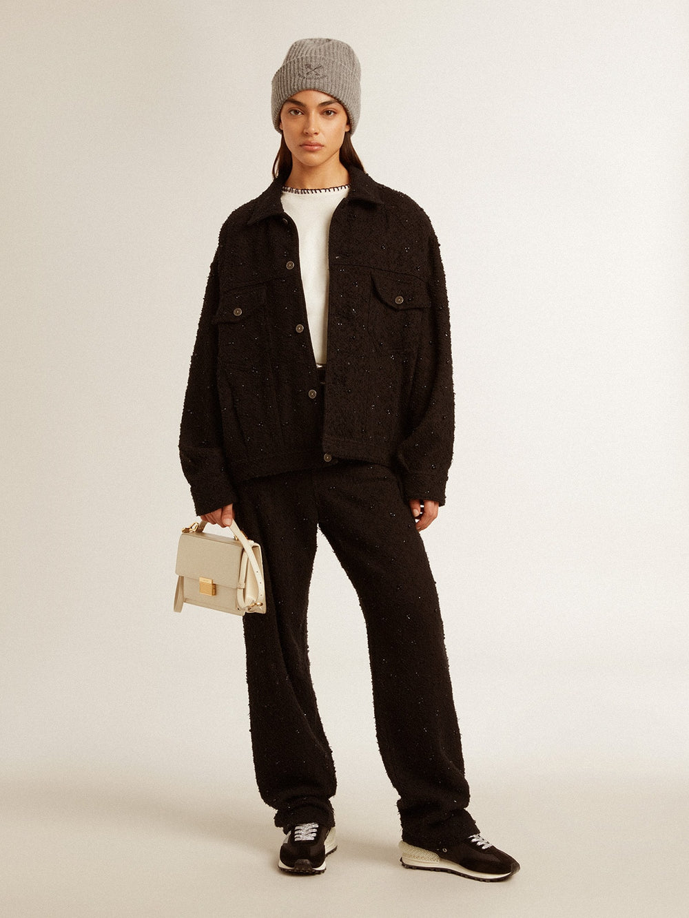 Women’s cotton denim pants with crystal and stone decoration