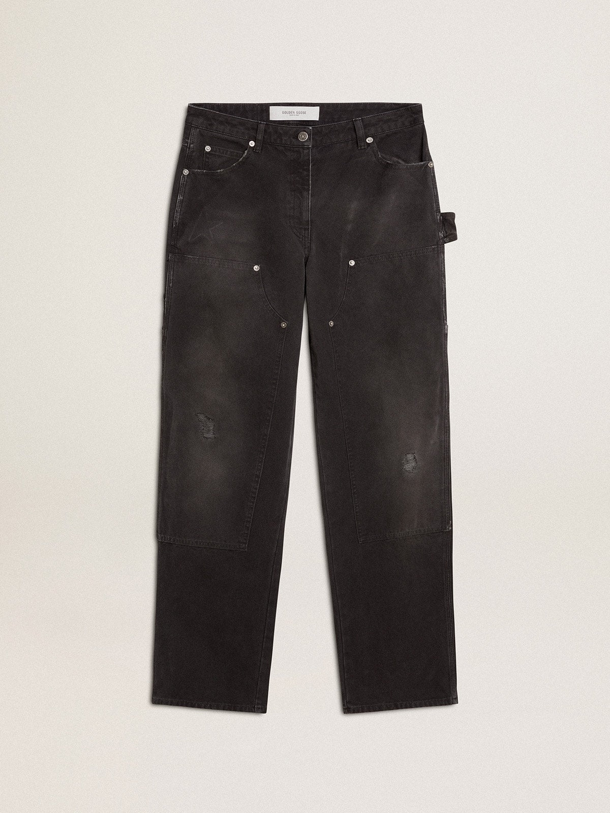 Women's distressed black cotton jeans with front patches