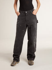 Women's distressed black cotton jeans with front patches