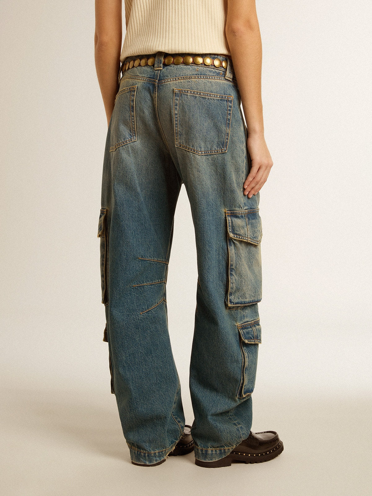 Blue jeans with a distressed finish