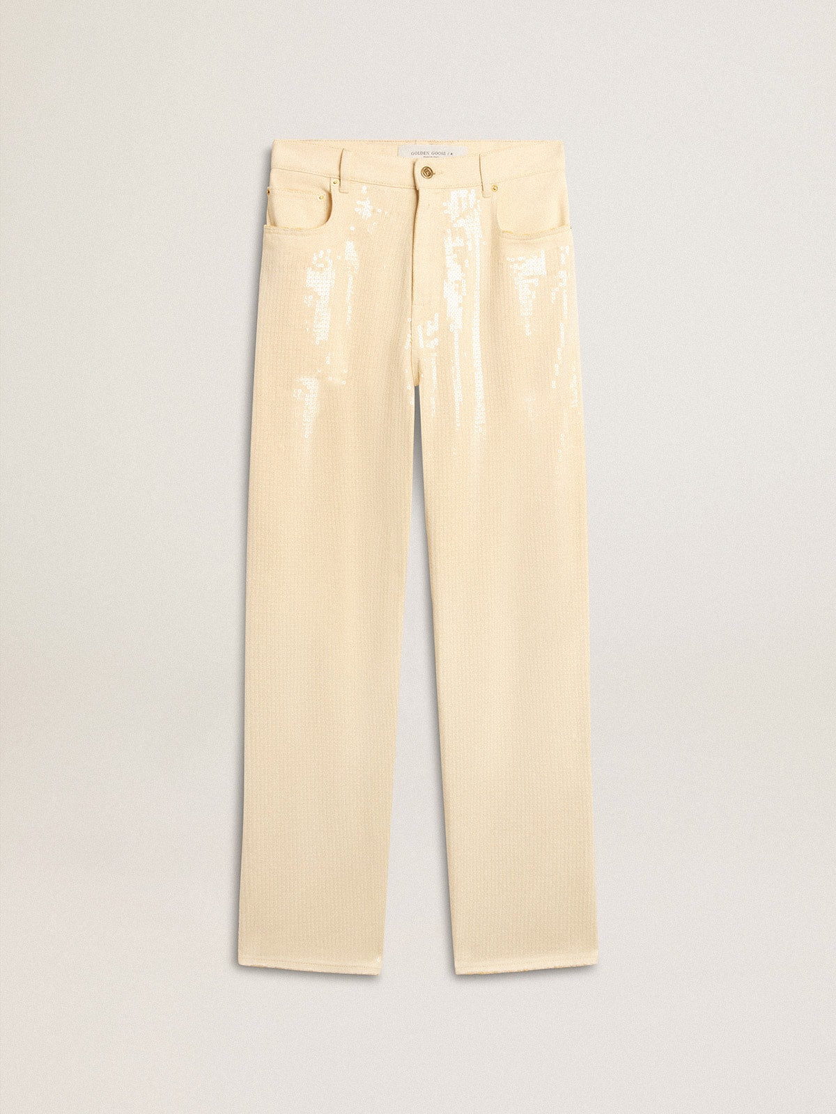 Ecru pants with transparent all-over sequins