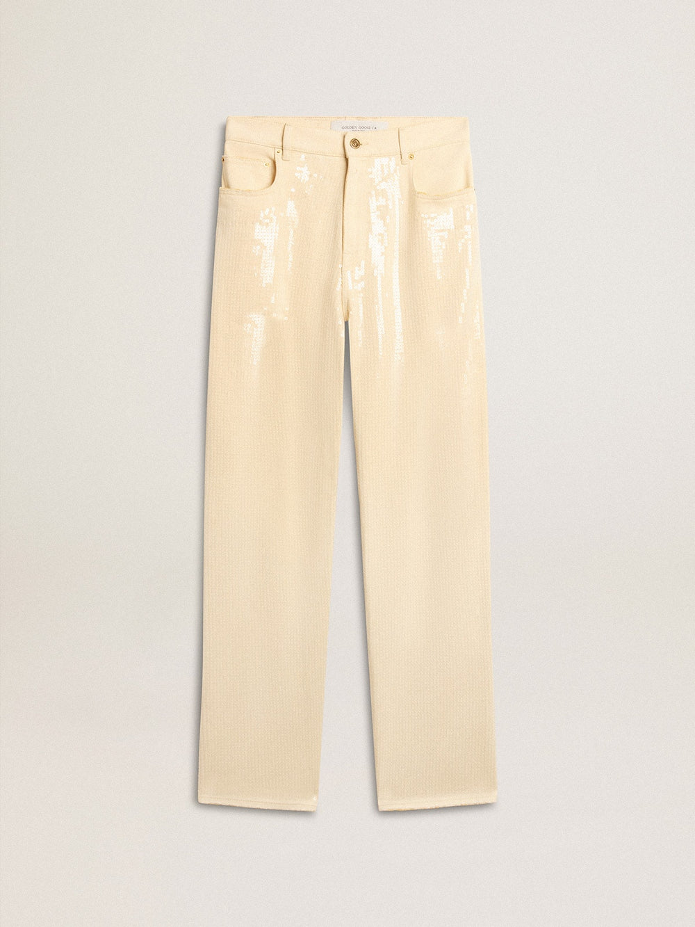 Ecru pants with transparent all-over sequins