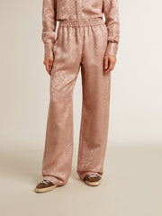 Women's pink viscose pants with floral pattern