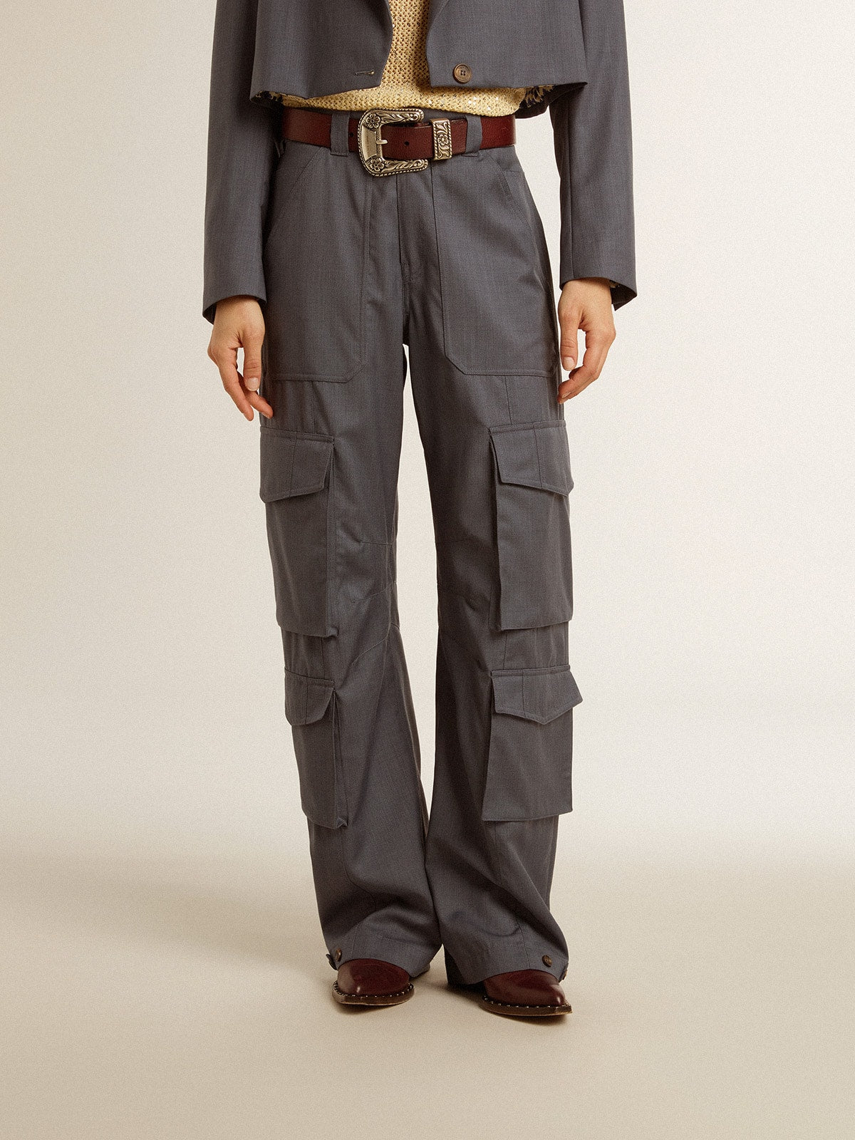 Women's cargo pants in baby blue wool