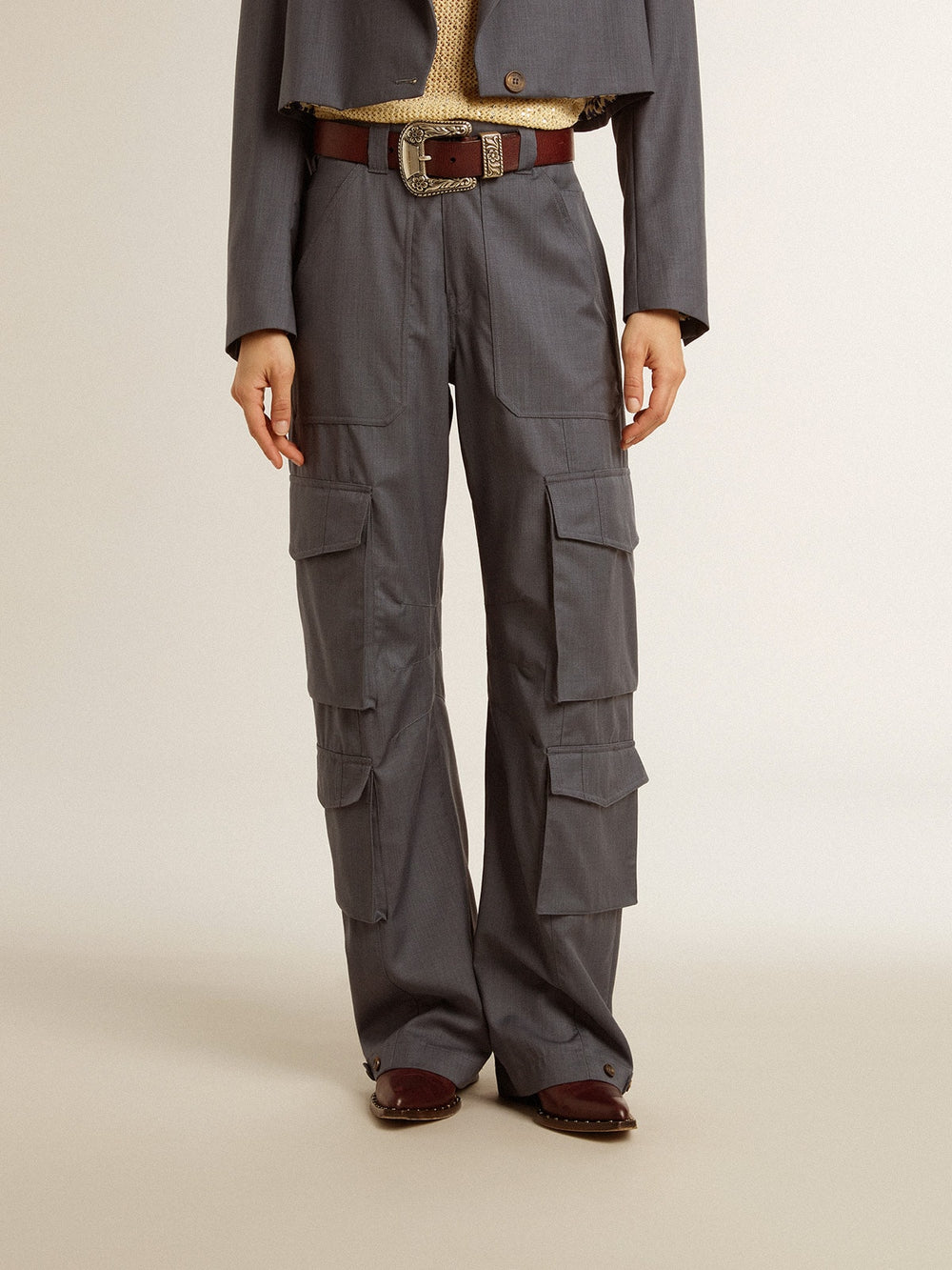 Women's cargo pants in baby blue wool