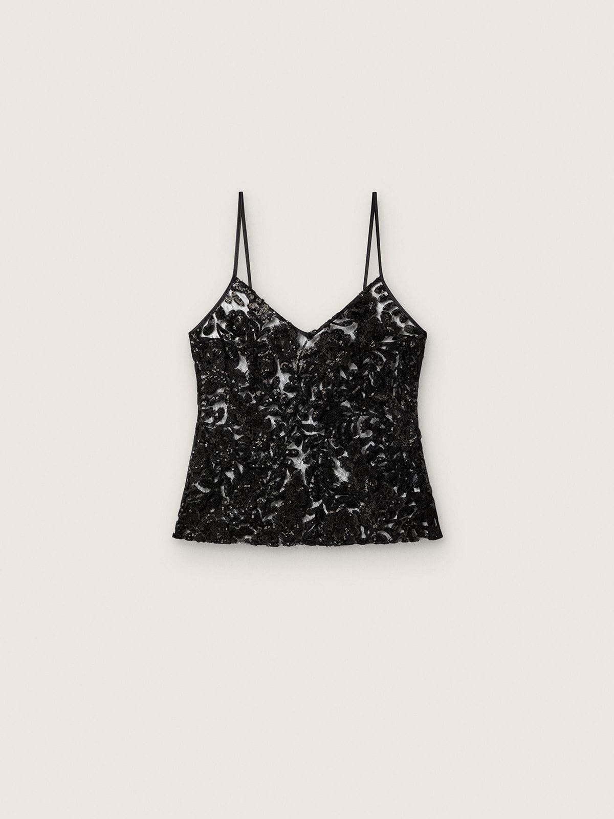 Women's top in black tulle with floral pattern in black sequins