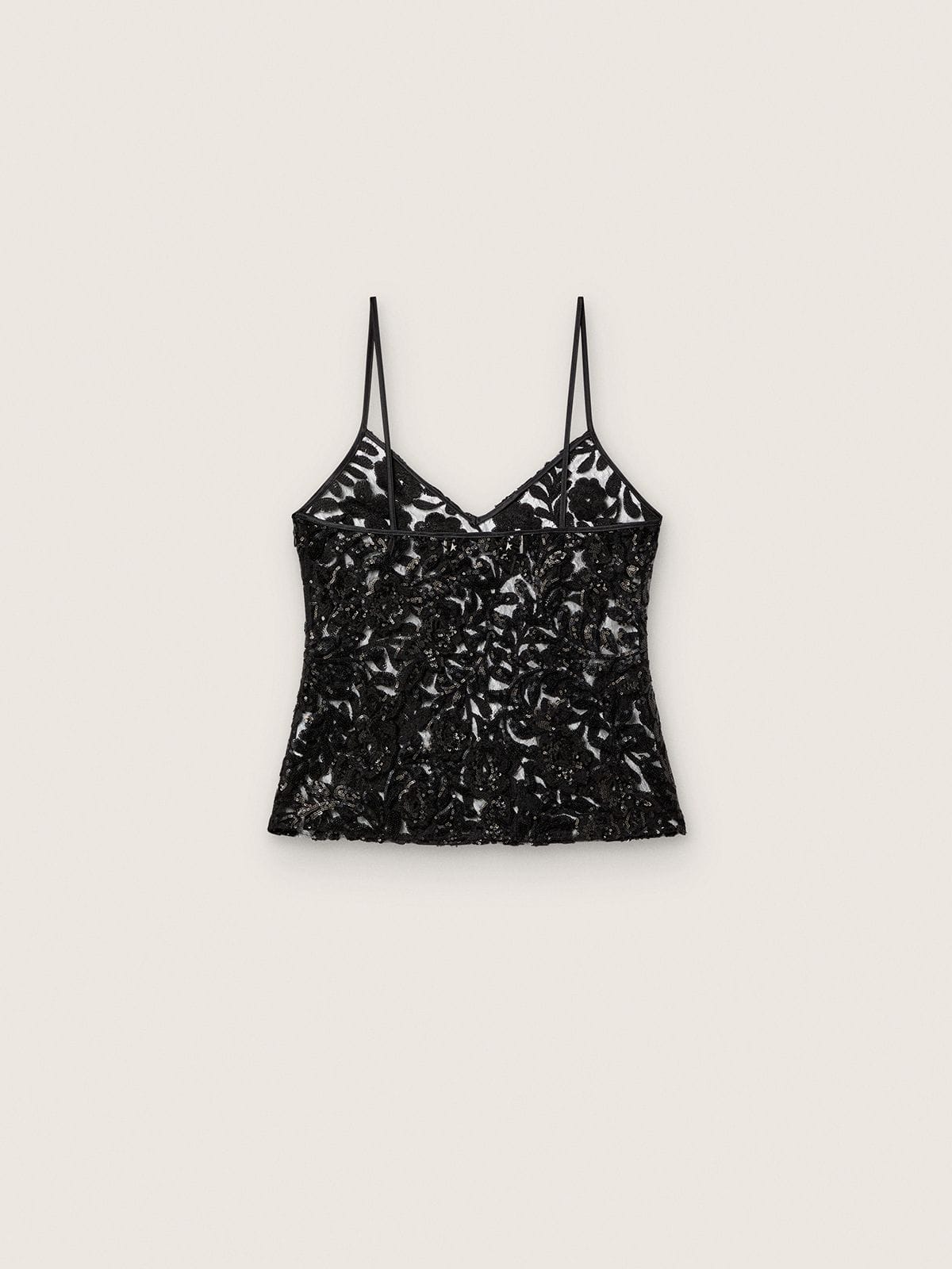 Women's top in black tulle with floral pattern in black sequins