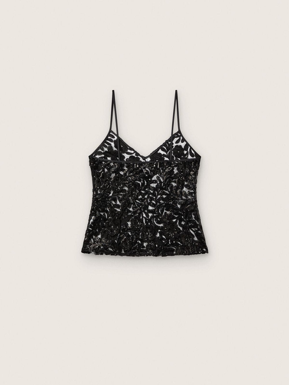 Women's top in black tulle with floral pattern in black sequins