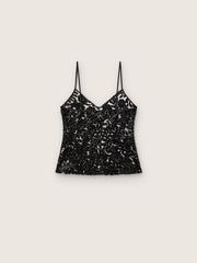 Women's top in black tulle with floral pattern in black sequins