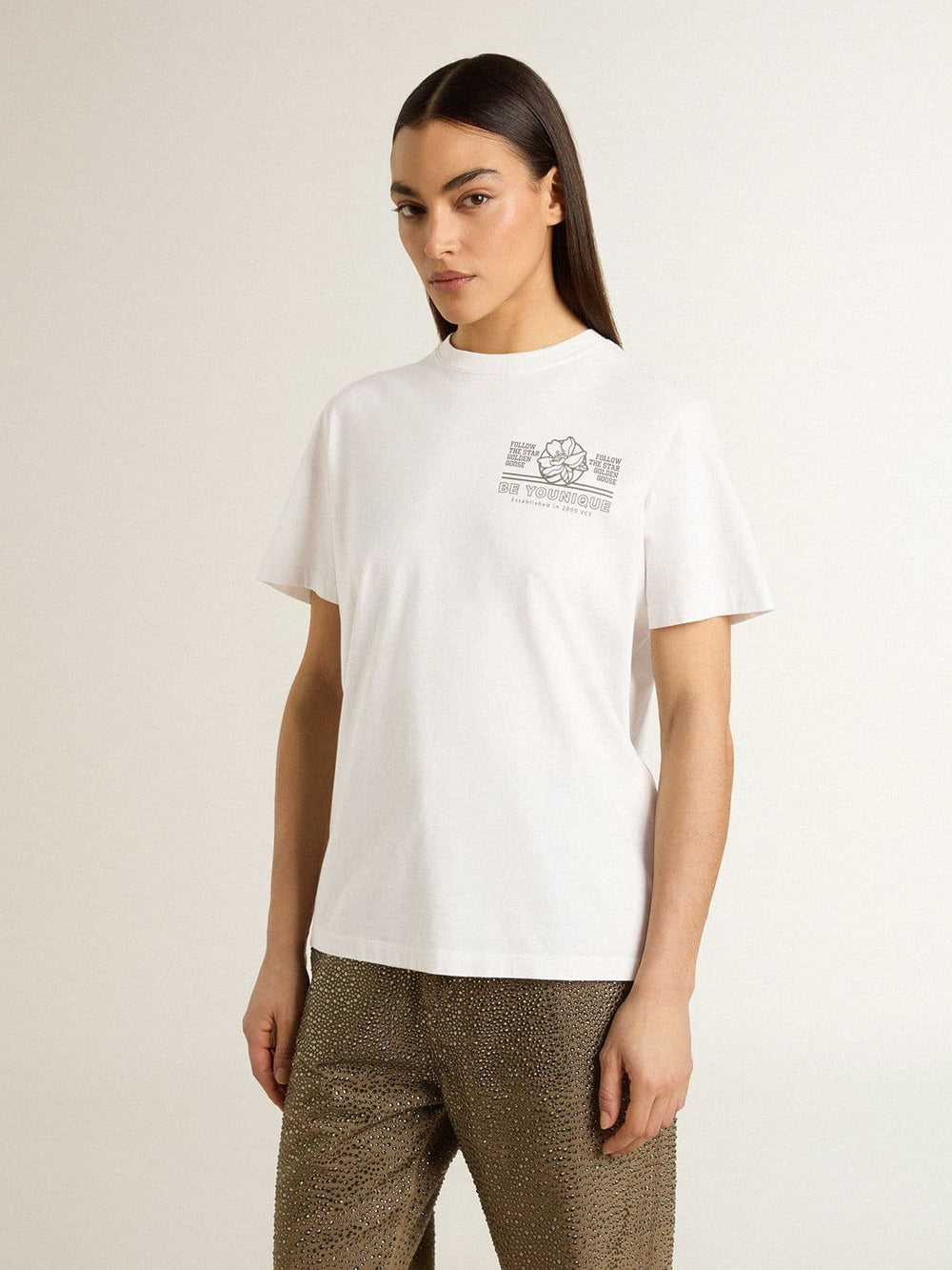 Women's white T-shirt with black print on the chest