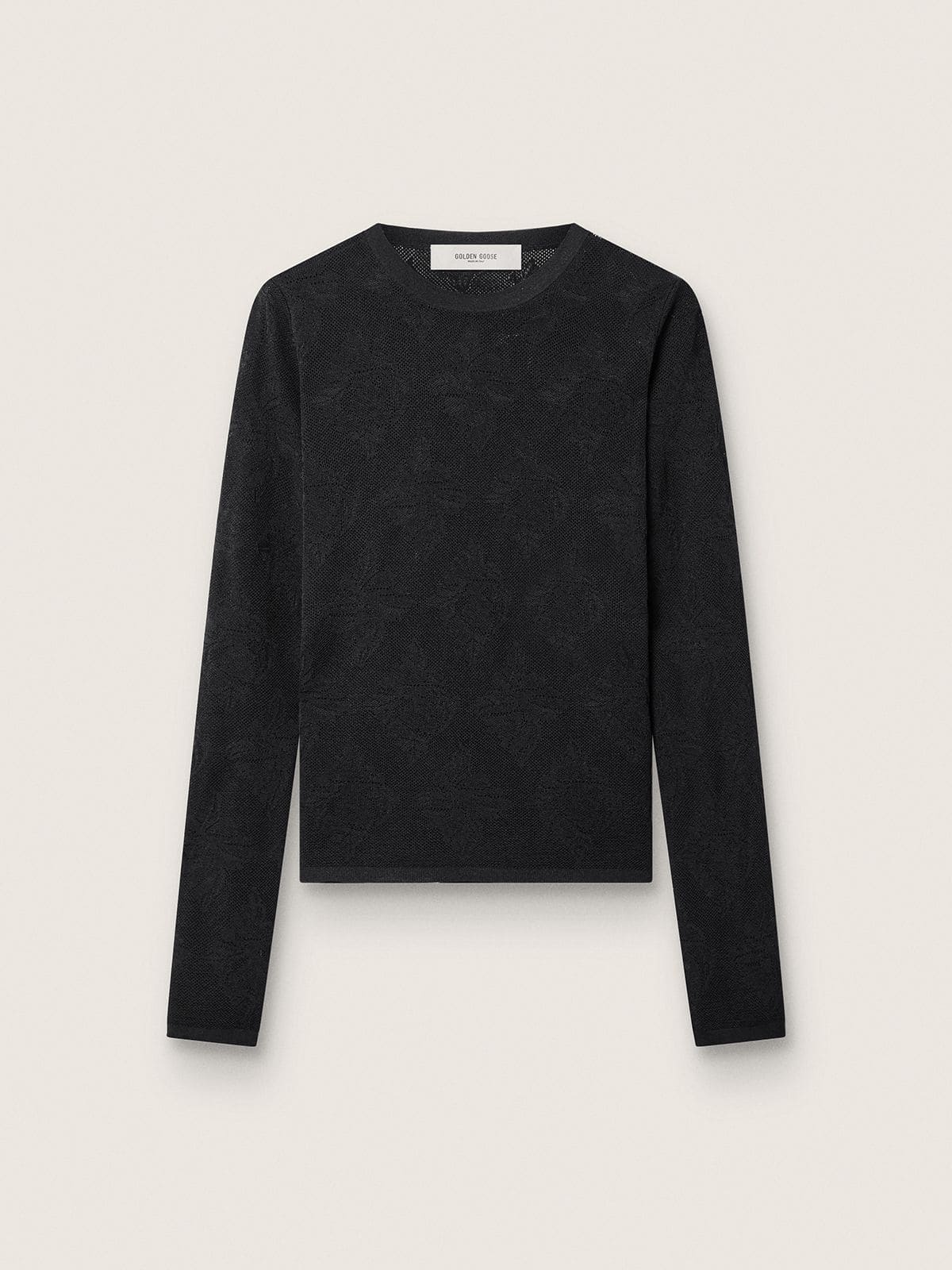 Women's crew-neck sweater with black floral jacquard pattern