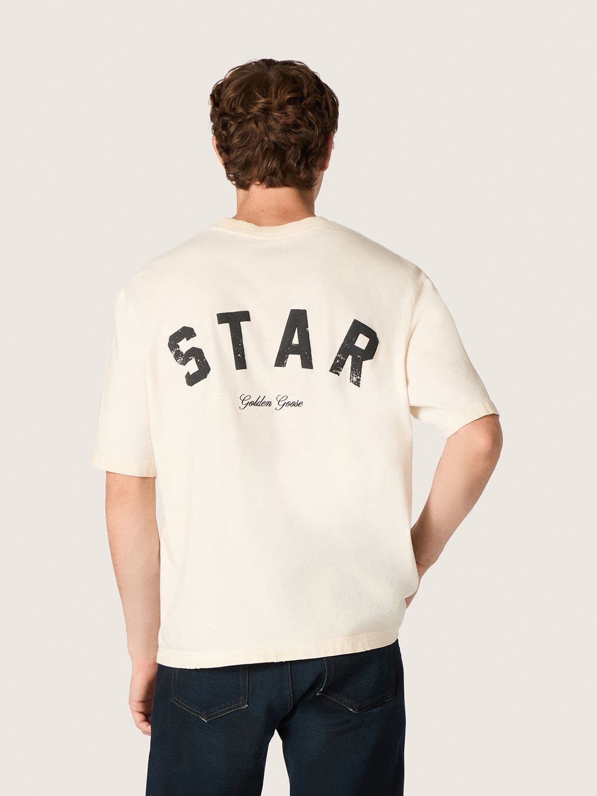 Star unisex cotton T-shirt in vintage white with black print on the back