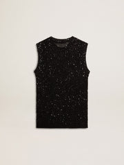 Black mesh knit top with sequins and contrasting details