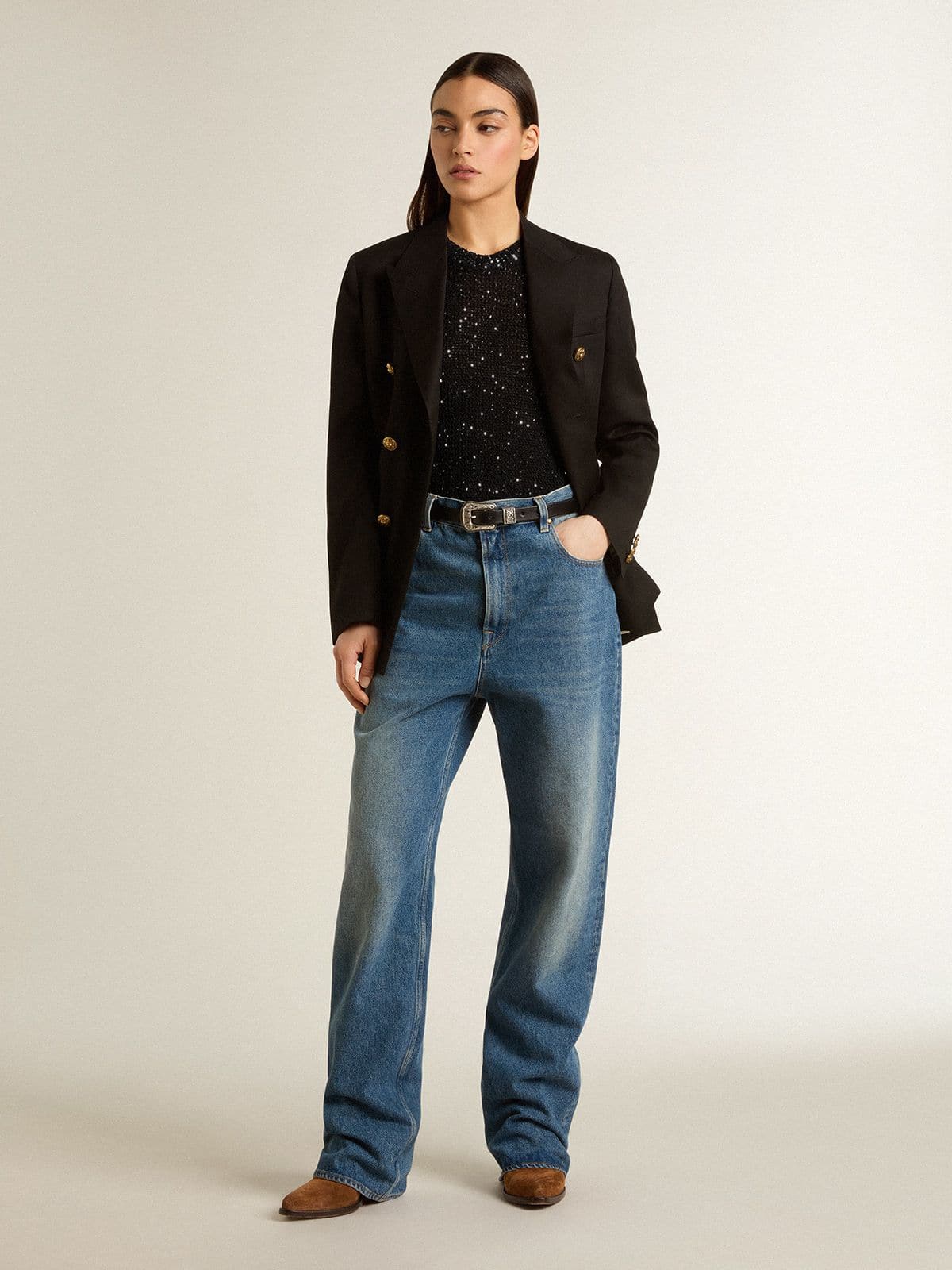 Black mesh knit top with sequins and contrasting details