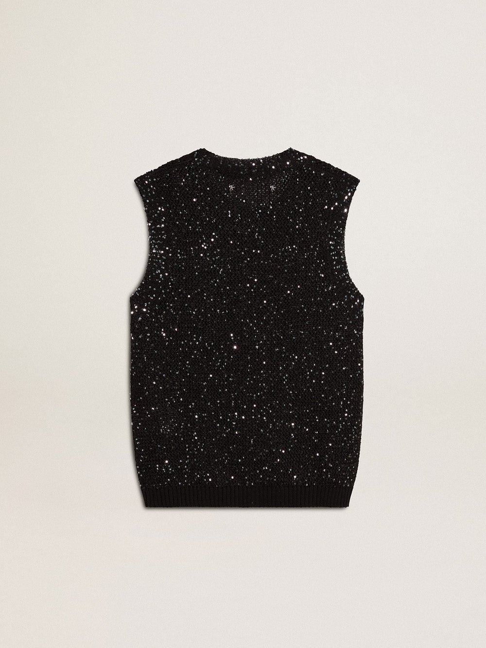 Black mesh knit top with sequins and contrasting details