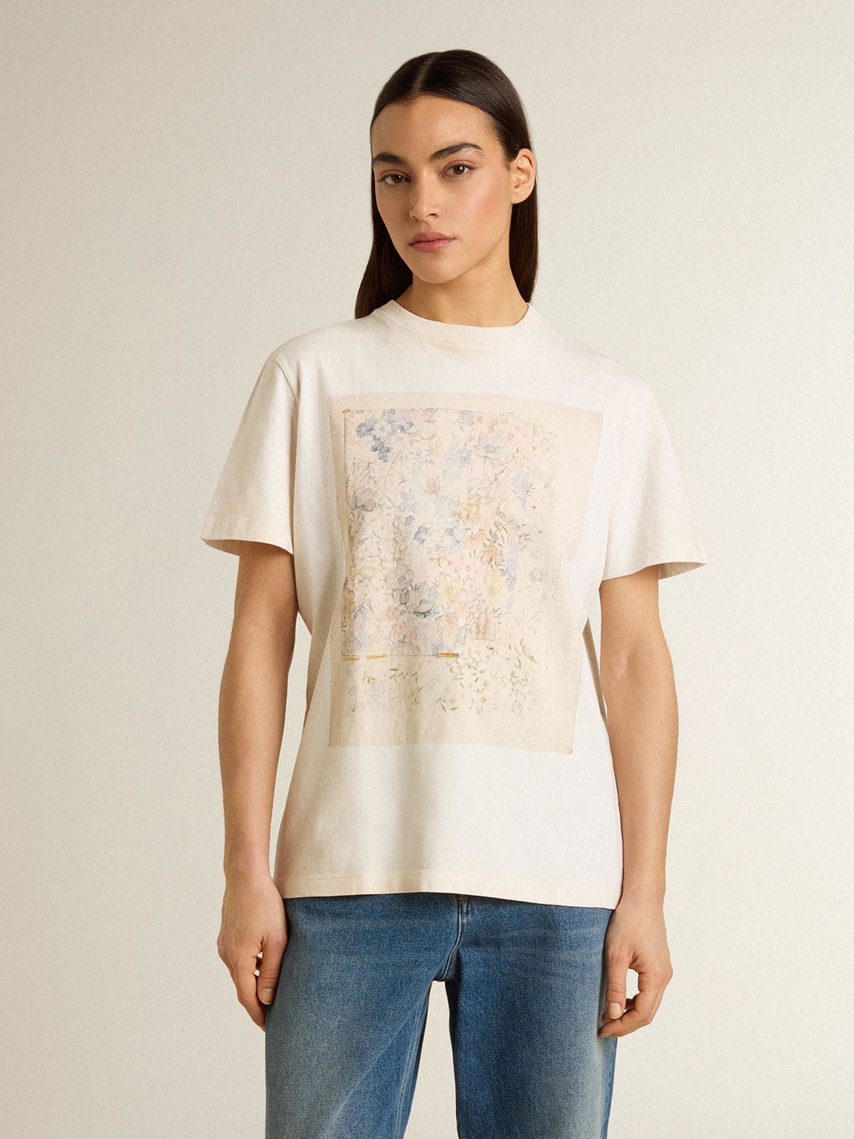 Women's white T-shirt with floral print