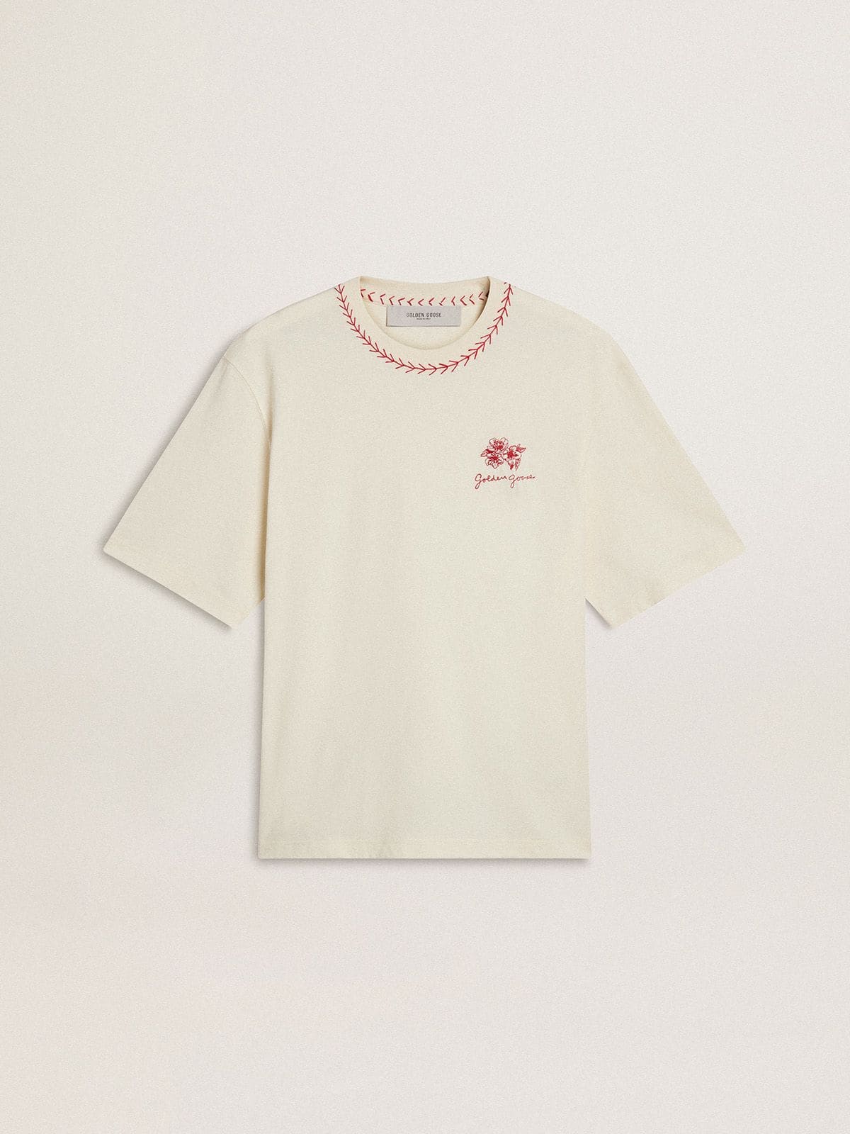 CNY worn-white sleeveless T-shirt with red embroidery