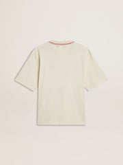 CNY worn-white sleeveless T-shirt with red embroidery