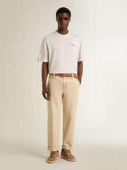 White unisex T-shirt with Mediterranean print and Pescheria Golden patch on the sleeve