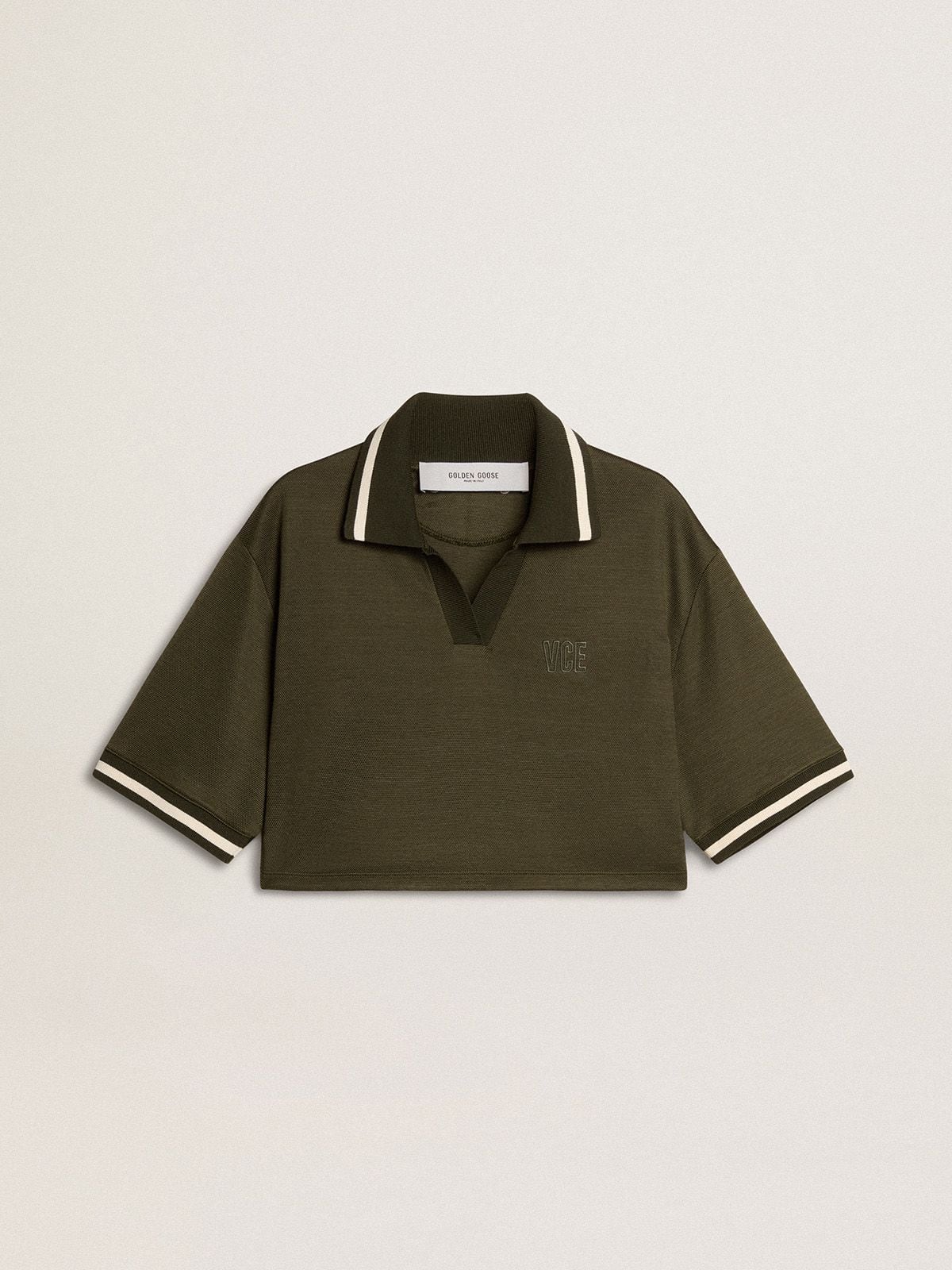 Women's cropped polo in military-green jersey with embroidery