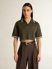 Women's cropped polo in military-green jersey with embroidery