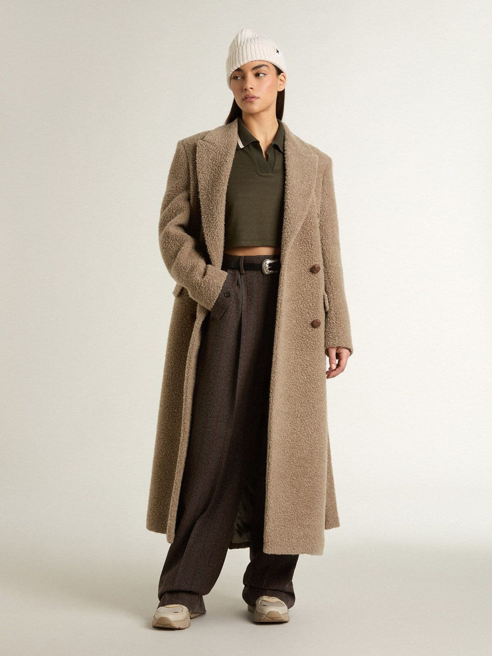 Women's cropped polo in military-green jersey with embroidery