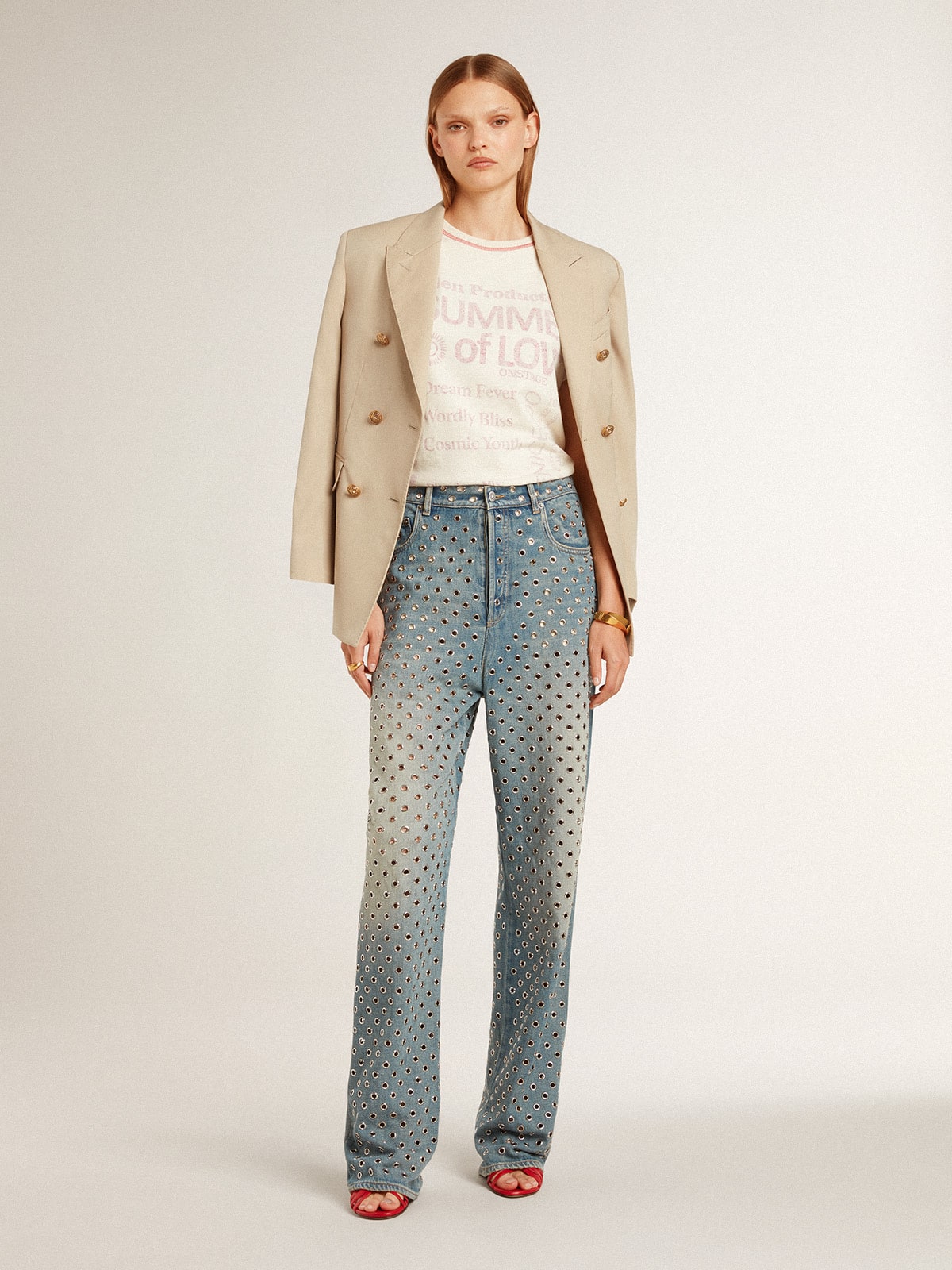 Women's cream T-shirt with faded red accents