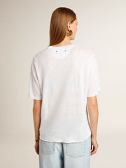 Women's lightweight white linen T-shirt with print