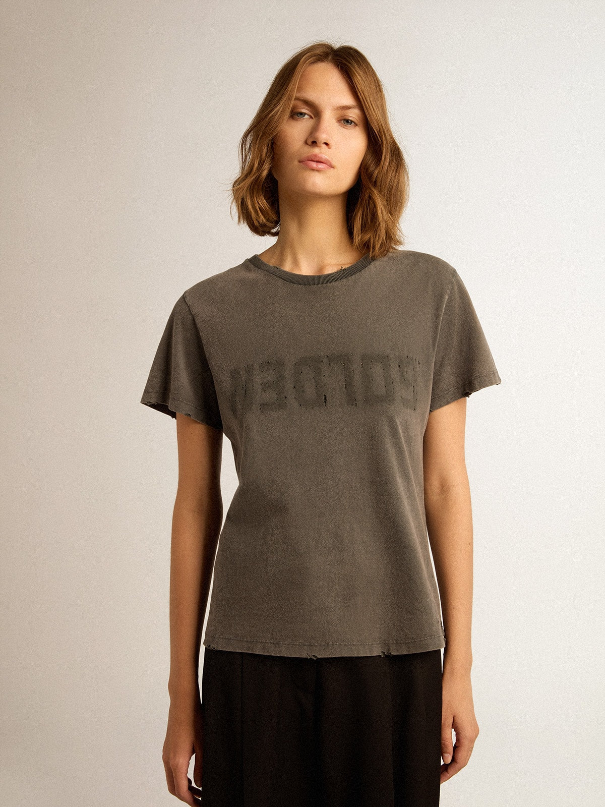 Distressed slim-fit T-shirt in anthracite gray