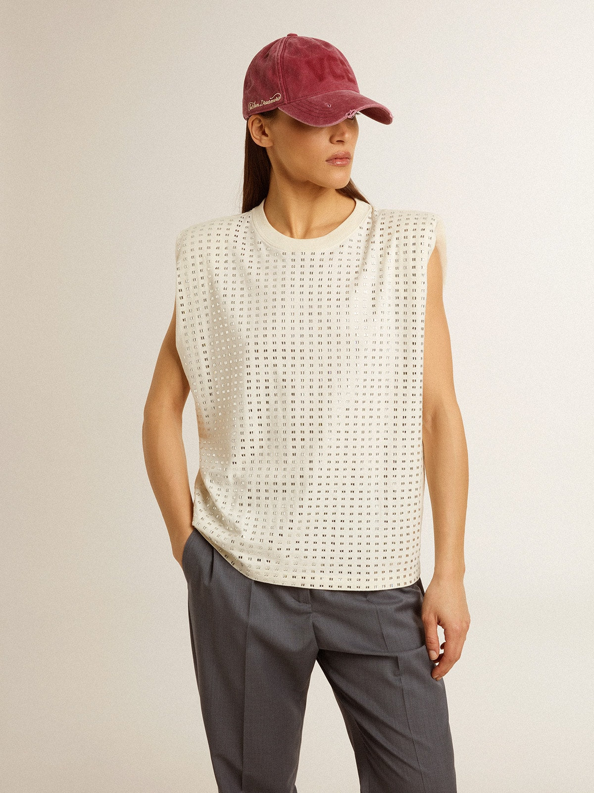 Aged white sleeveless T-shirt embellished with crystals