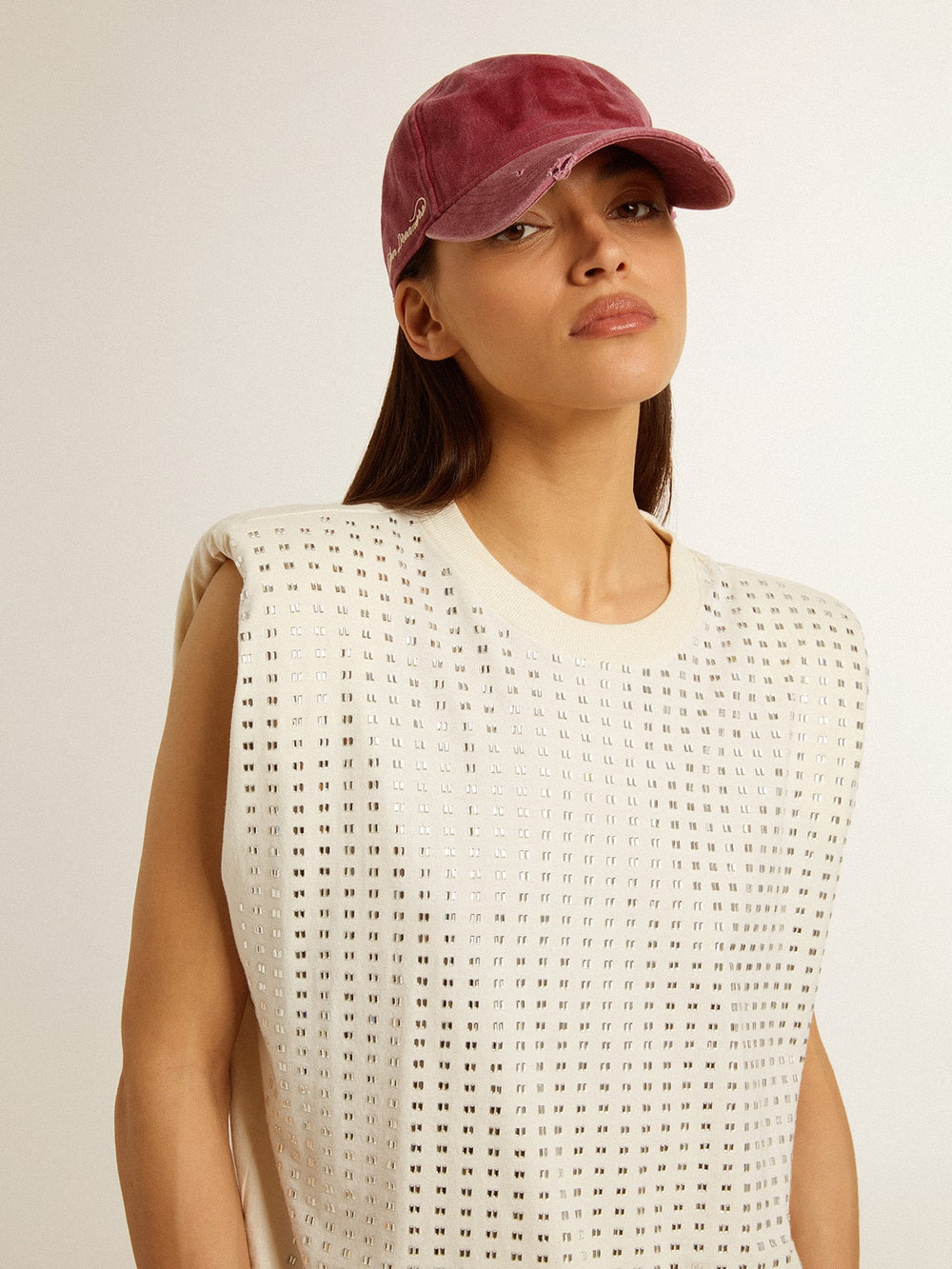 Aged white sleeveless T-shirt embellished with crystals