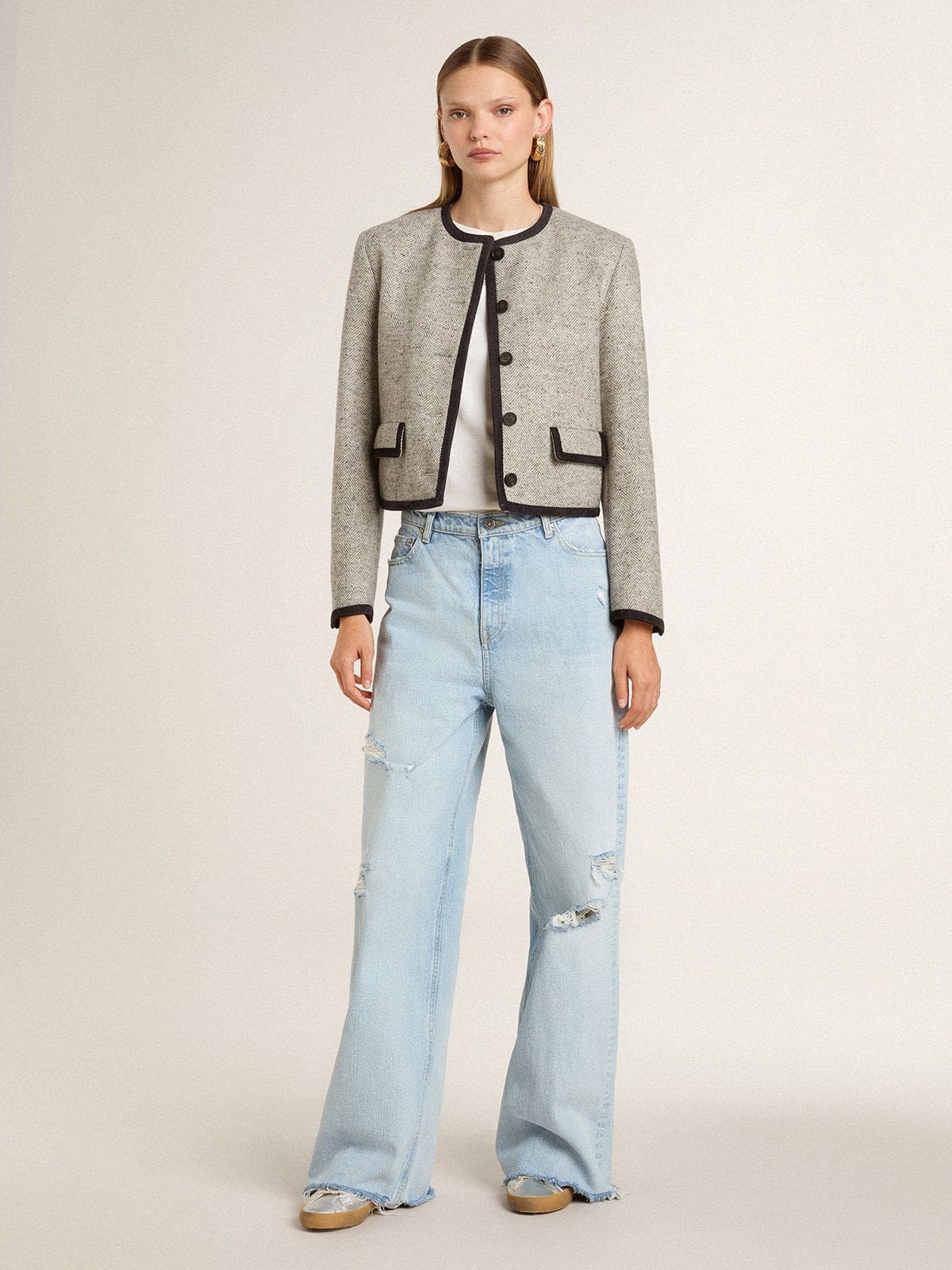 Women's worn-white cotton T-shirt with black lettering