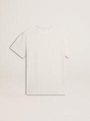 Women's worn-white cotton T-shirt with black lettering