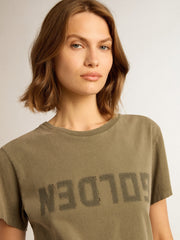 Women's olive green T-shirt with Golden lettering