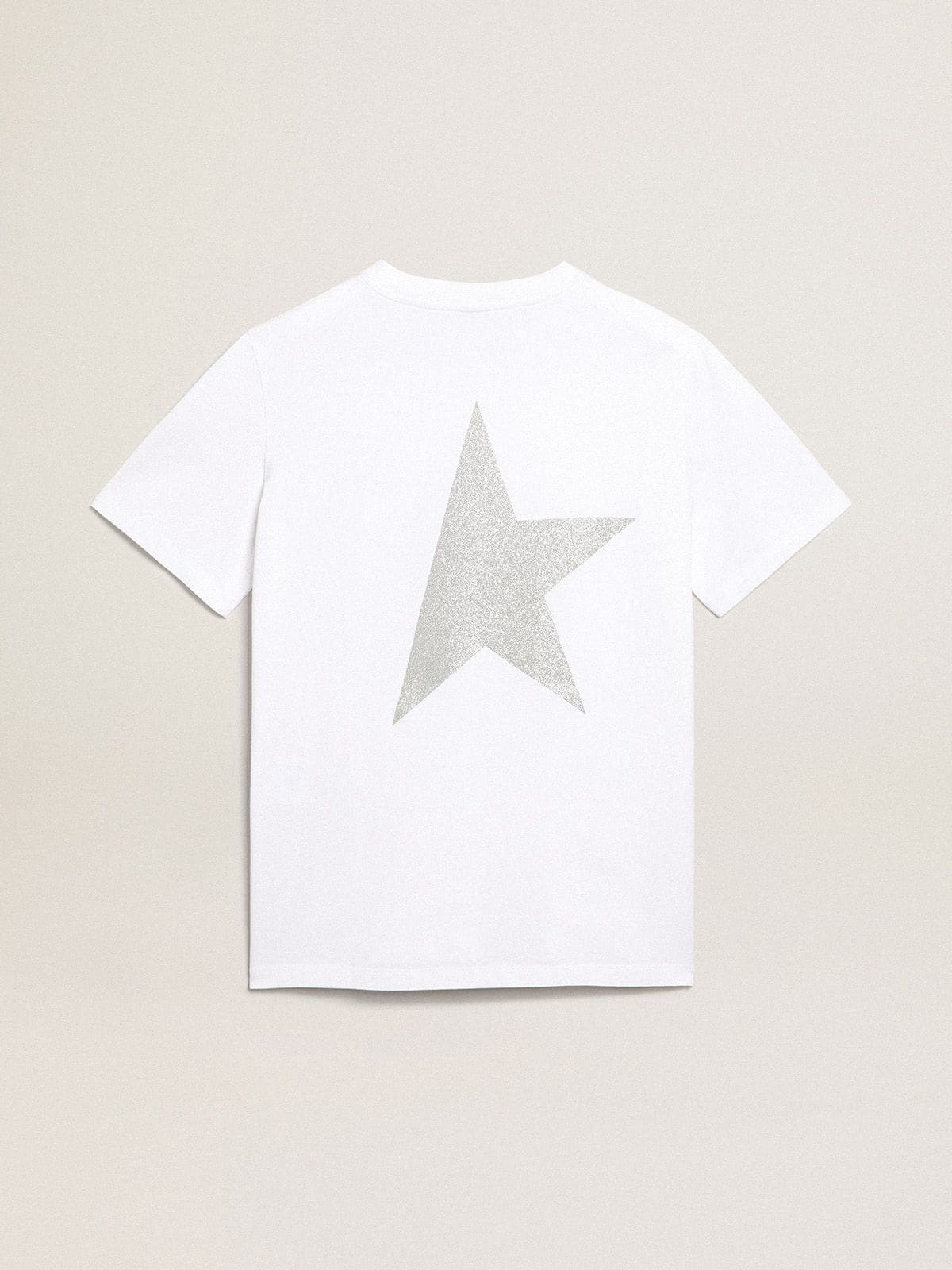 Women's white T-shirt with silver glitter logo and star