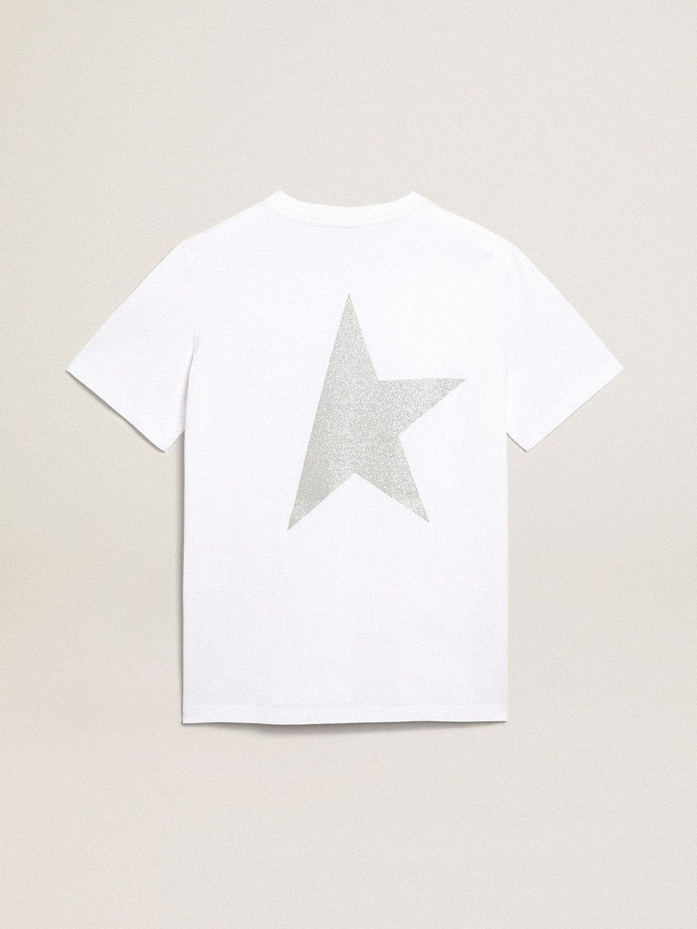 Women's white T-shirt with silver glitter logo and star