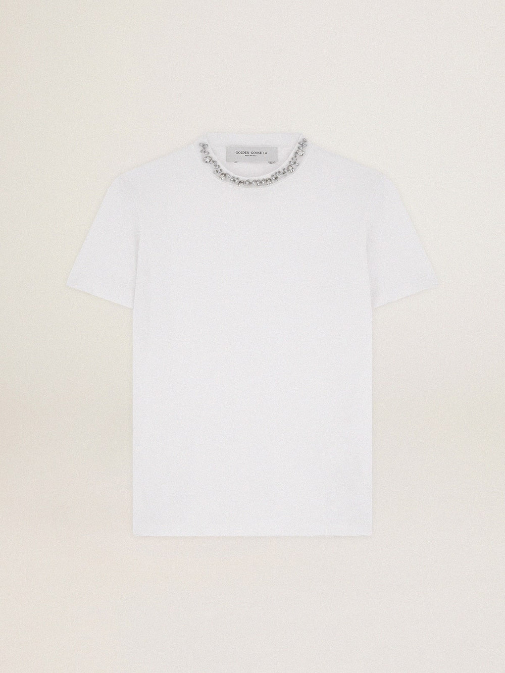 Women's white T-shirt with cabochon crystals